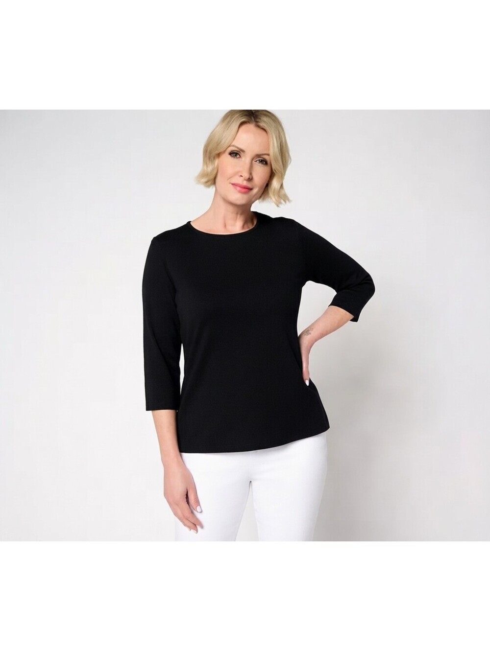 Denim & Co. Essentials Perfect Jersey 3/4 Sleeve Round Neck Top Black, Size 5X